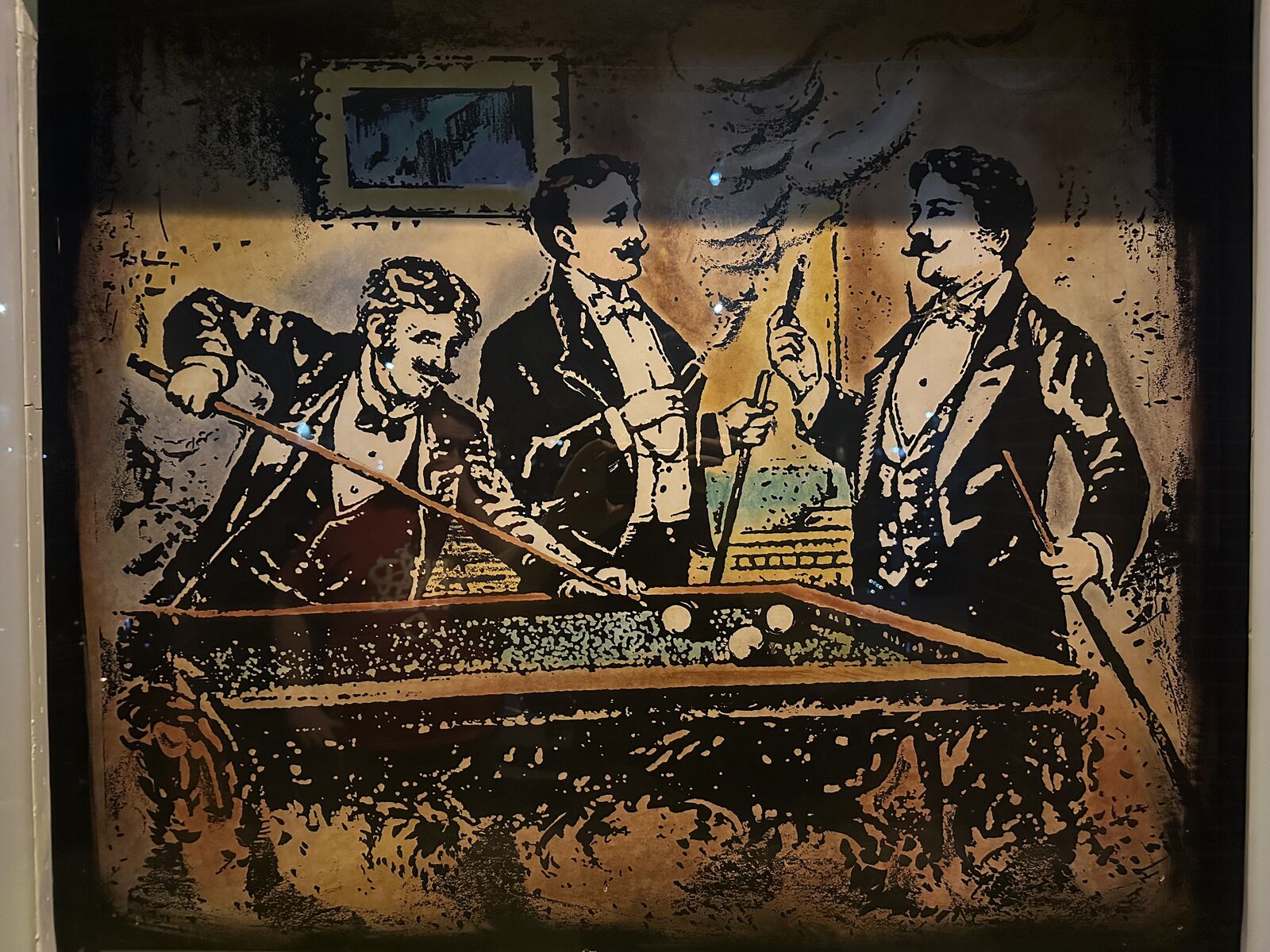 Cartel de tres amigos jugando billar