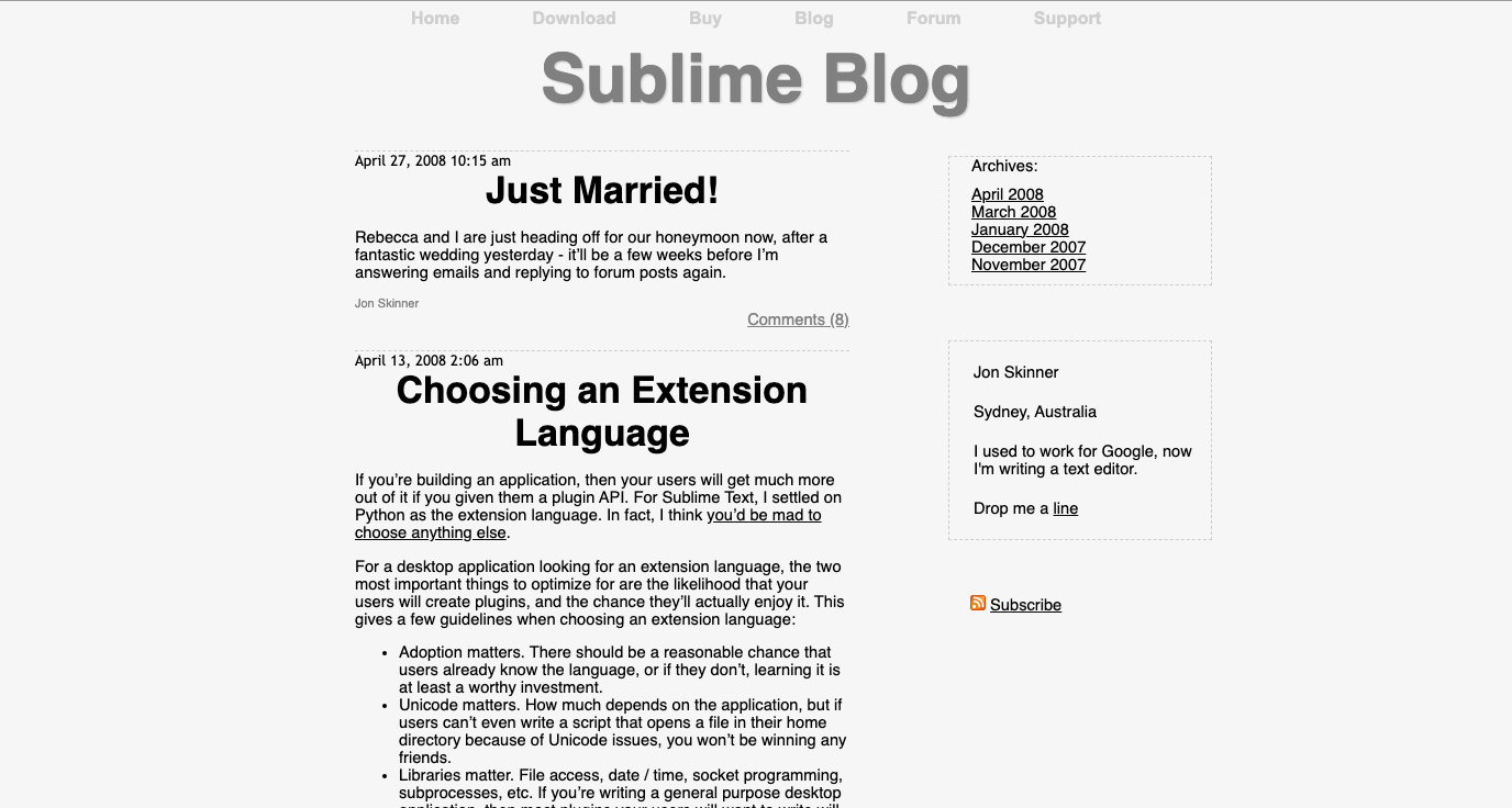 Screenshot del blog de Sublime en 2008
